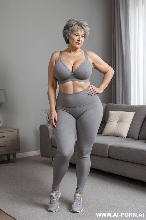 0-year-old grandmother, full body, standing, lady, short gray hair, clearly visible age marks, triangular hips, thick thighs, wearing grey leggings and bra, living room - #main
