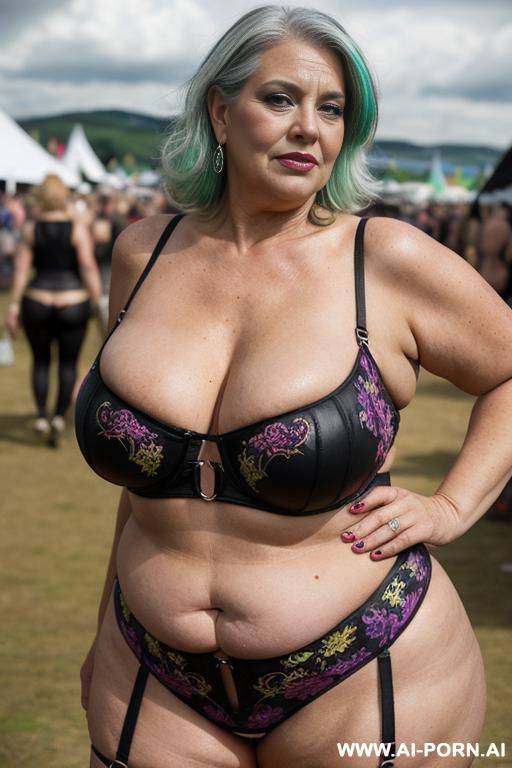 very old matured gilf, aging mark, wrinkle skin, huge saggy boobs, chav, slag, slut, whore, glastonbury, festival at night, festival outfit, colorful outfit, crop top, festival clothes, rave costume, rave outfit, cosplay, tattoo, waist shot, night time - #main