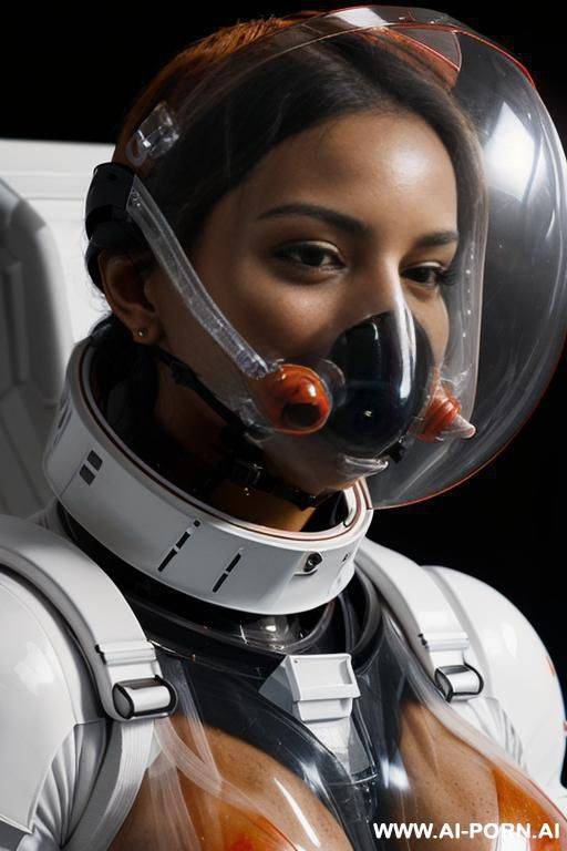(close up) ((extremely tanned gorgeous woman) in ((open top) (topless) transparent (black and red) armored space combat suit) (oxygen mask)) (spacecraft docking bay) (military gear) - #main