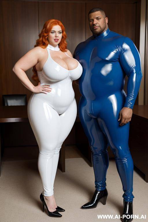 a white obese fat woman with gigantic huge boobs, ginger hair in blue latex catsuit with a black muscle man in business suit - #main