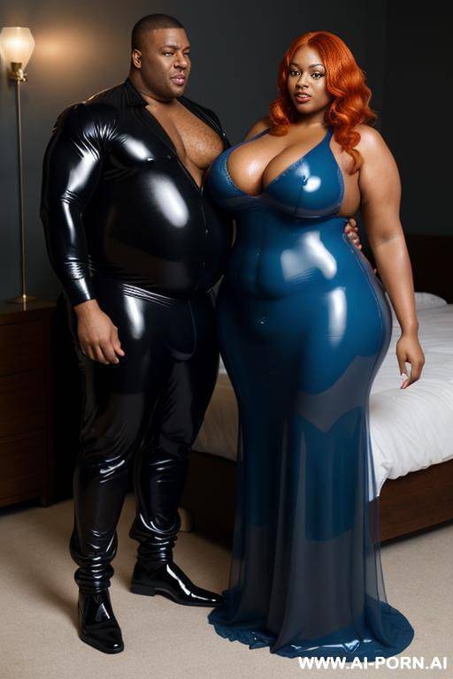 a black muscle man in business suit holding a irish obese fat woman with gigantic huge boobs, ginger hair in transparent blue latex nightgown - #main