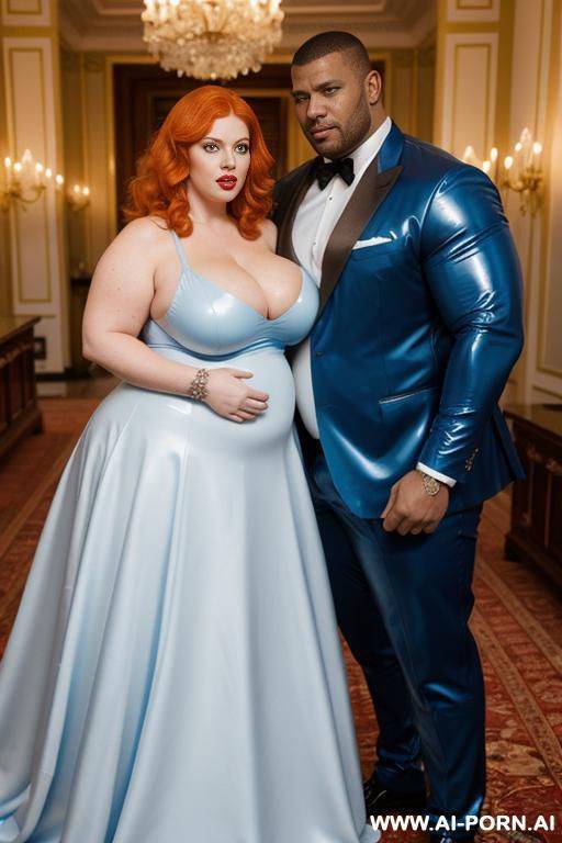 a white obese fat woman with gigantic huge boobs, ginger hair in blue latex ball gown with a black muscle man in business suit - #main