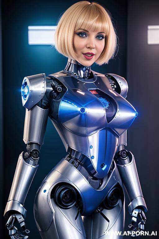 face of blonde woman with short hair with bangs, big blue eyes, slightly happy expression - #main