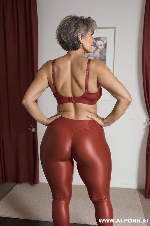 back view, 0-year-old grandmother, full body, standing, short hair, very visible age marks, triangular hips, thick thighs, wearing red leggings and bra - #main