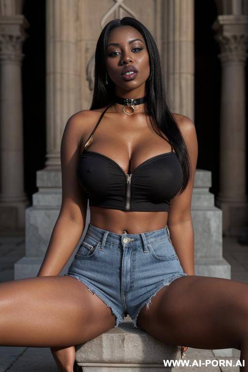 gorgeous, very beautiful, choker, black lipstick, black lips, unzipped shorts, unbuttoned shorts, - #main