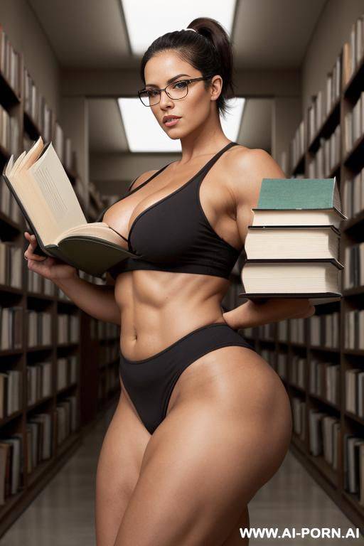 muscled bulked up naked beautiful woman with glasses, strong muscled bulked up thighs, standing in a empty big book store, carrying a big high heavy stack of books in her hands, ((carrying a - #main