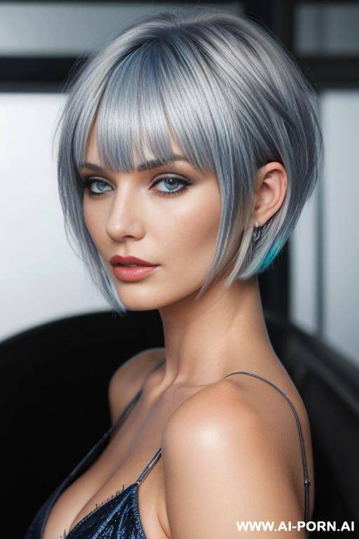 short hairstyle with bangs, silver-blue hair, dark blue eyes, tom - #main