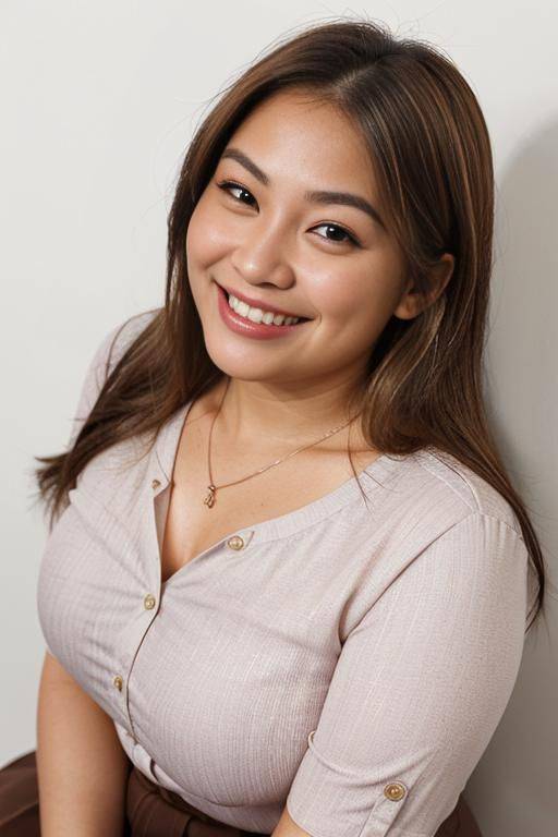 (((wide face))), looking at viewer, front facing, headshot, front view, a chubby shorty filipina milf is modeling in a studio. she has her hands in her hair. she is smiling. she has blonde - #main