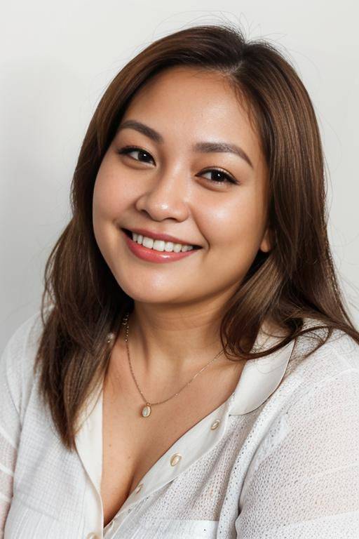 (((wide face))), front facing, headshot, front view, a chubby shorty filipina milf is modeling in a studio. she has her hands in her hair. she is smiling. she has blonde highlights in her - #main