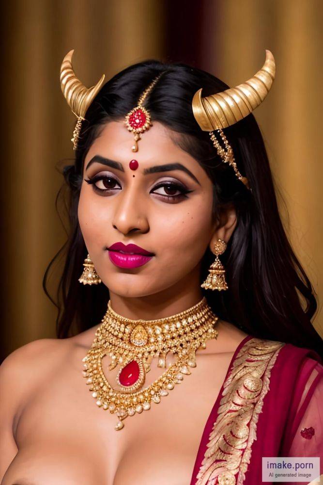 indian girl with devil horns and gold crown and jewels wearing... - #main