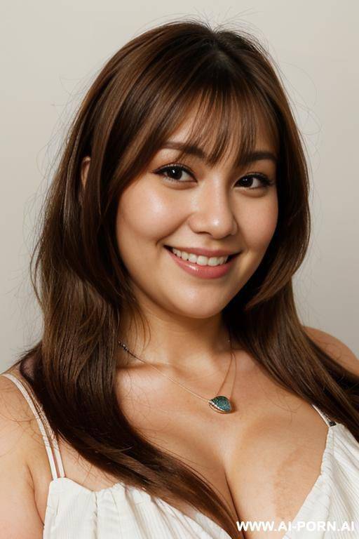 (((face closeup))), (((fat face))), (((round face))), (((extremely long hair))), looking at viewer, front facing, (((headshot))), front view, a chubby shorty filipina milf is modeling in a studio. she - #main