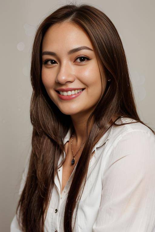 (((face closeup))), (((wide face))), (((extremely long hair))), looking at viewer, front facing, (((headshot))), front view, a chubby shorty filipina milf is modeling in a studio. she has her hands - #main