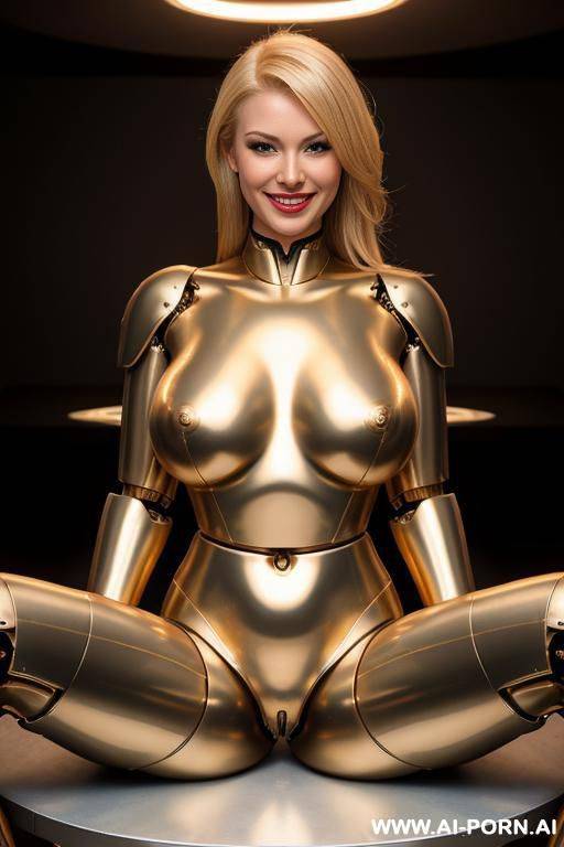 sexy blonde robot with fully metallic body and huge tits being taken into parts on a table, inside robotic parts visible inside the chest, full body view, head to toe, show pussy - #main