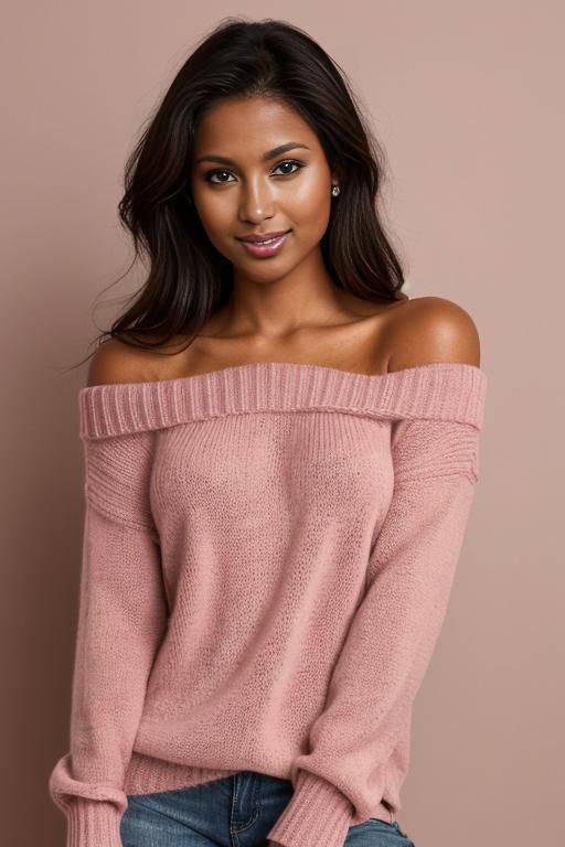 pretty face, gorgeous perfect body, perfect natural breasts, firm hard large nipples, dark tanned skin, sly smile, extreme closeup, closeup view, head and shoulder portrait, (((tanned))), professional photo studio background, fully clothed, pink sweater - #main
