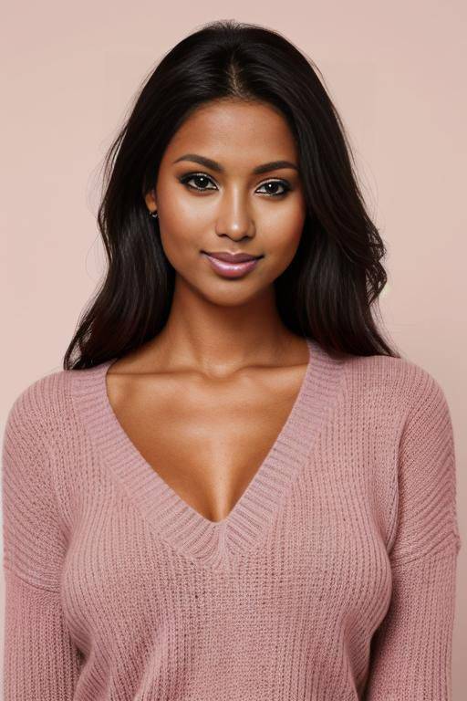 pretty face, gorgeous perfect body, perfect natural breasts, firm hard large nipples, dark tanned skin, sly smile, extreme closeup, closeup view, head portrait, (((tanned))), professional photo studio background, fully clothed, pink sweater - #main