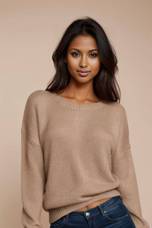 pretty face, gorgeous perfect body, perfect natural breasts, firm hard large nipples, dark tanned skin, sly smile, closeup view, head and ahoulder portrait, (((tanned))), professional photo studio background, fully clothed, beige sweater - #main