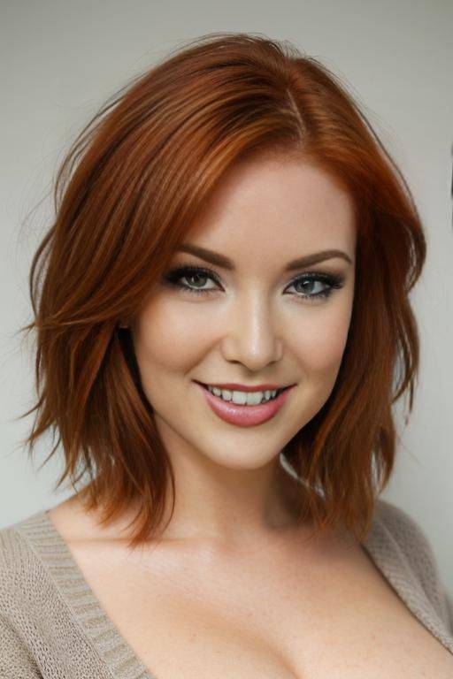 one sexy curvy auburn-haired woman, green eyes, nude, closeup, headshot photo, extreme closeup, professional head shot, fully clothed, pink sweater, feathered medium hair, short hair flowing over eyes, shoulder-length hair over face - #main