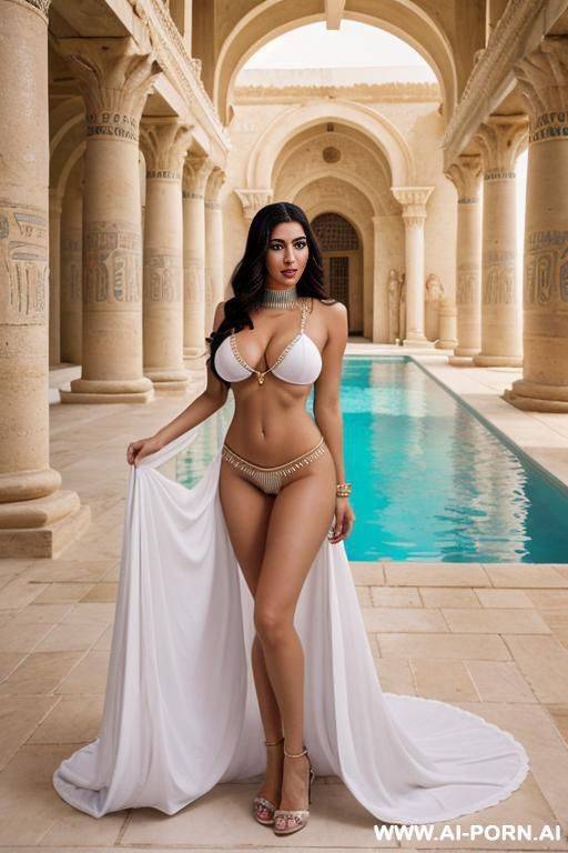 pretty egyptian princess with natural body and perky boobs and nable piercings wearing a white nightrobe standing in front of the pool of a palace - #main