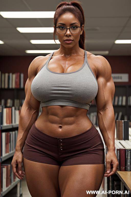 muscled bulked up naked beautiful woman with glasses, sexy, buxom, showing off her massive strong muscled bulked up thighs, standing in a empty big book store, crop top and shorts perfectly - #main
