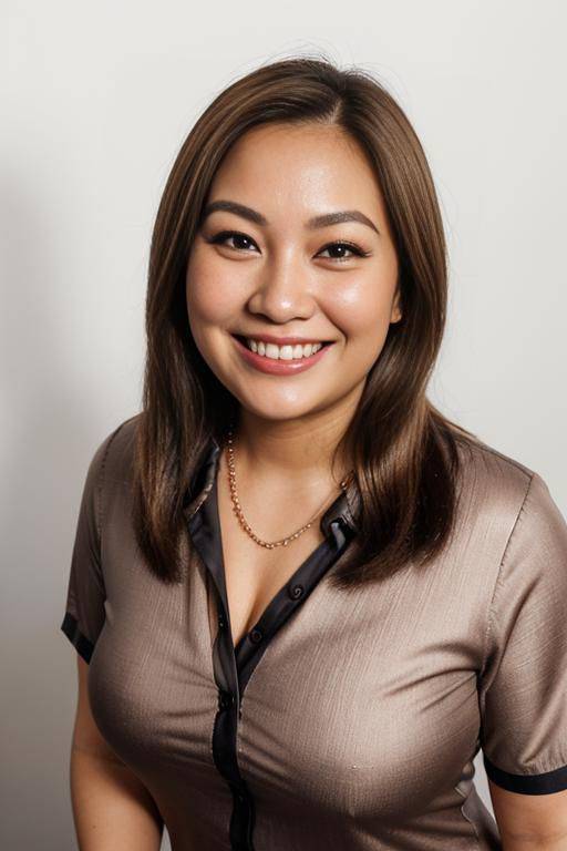 (((wide face))), looking at viewer, front facing, headshot, front view, a chubby shorty filipina milf is modeling in a studio. she has her hands in her hair. she is smiling. she has blonde - #main