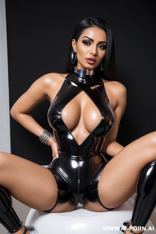 egyptian fitness influencer bimbo, hourglass figure, perfect face, sexy, shiny, pov, black latex bodysuit, naked breasts, head shot, seductive, open pussy, legs spread for sex, chrome collar, chrome - #main