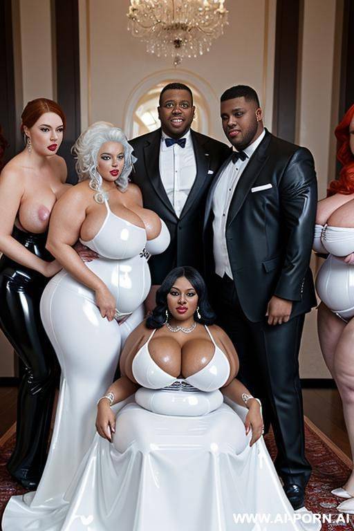 a white obese fat woman with gigantic huge boobs, ginger hair in blue latex ball gown. a ebony obese fat woman with gigantic huge boobs, white hair in white latex ball gown. a ebony muscle man in business suit. - #main