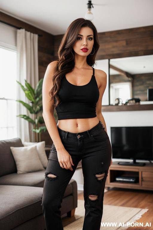 brown hair, lips in lipstick, medium flowing hair, black short tank top with straps, jeans pants, sneakers - #main