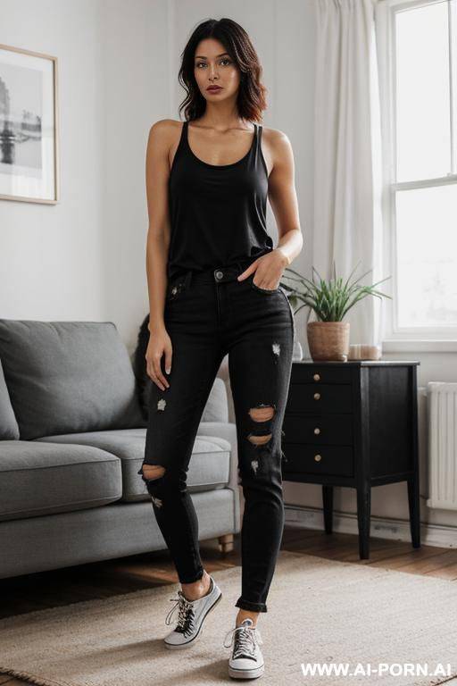 medium loose hair, black short tank top with straps, jeans, sneakers - #main