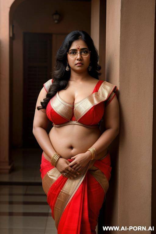 skin, , beautiful, indian woman, round glasses, round boobs, saree, full body, navel, chubby - #main