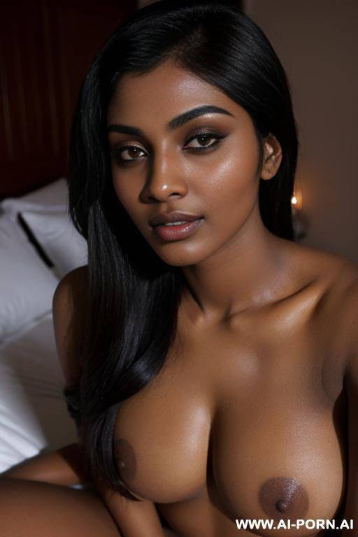 (close up) (gorgeous dark skin pakistani woman) (reclining on bed supporting head with hand) - #main