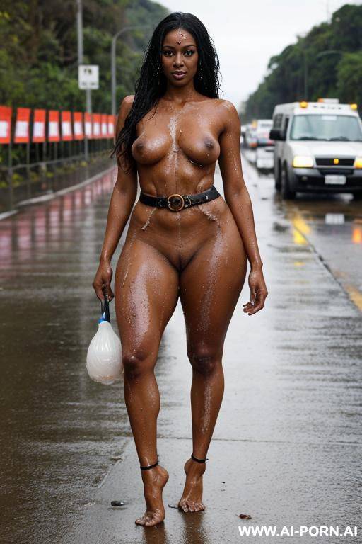 hardworking brown skin ebony woman. covered in oil and watery skin. horrible clothes, tattered clothes. flesh and soft thighs. exposed thighs. skirt starts from chest. higher waist closer to chest. - #main