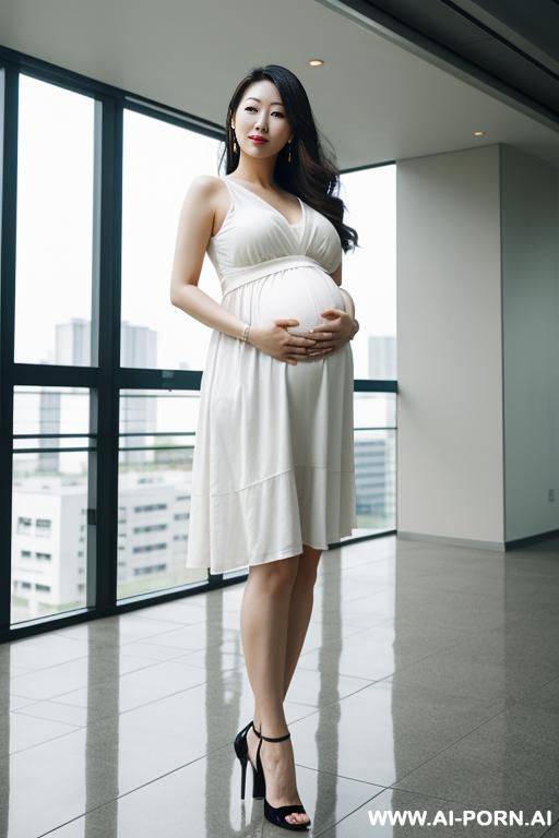 east asian woman, ((detailed face)), pregnant, , wearing a sundress, in a modern building, full body view - #main