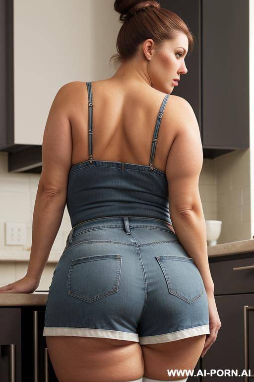 from behind view of a voluptuous milf bent over a sink washing dishes, skirt hitched up over hips, tan stockings pulled down to mid thigh, brunette, hair bun - #main