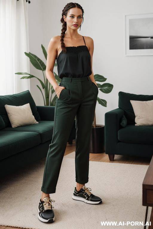 brown hair, two short braids, black short blouse with a square neckline, dark green trousers, sneakers - #main