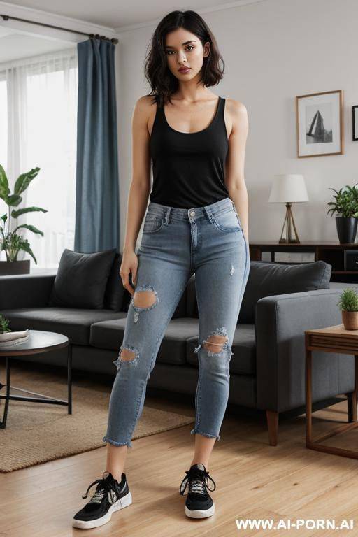 medium loose hair, black short tank top with straps, jeans, sneakers - #main
