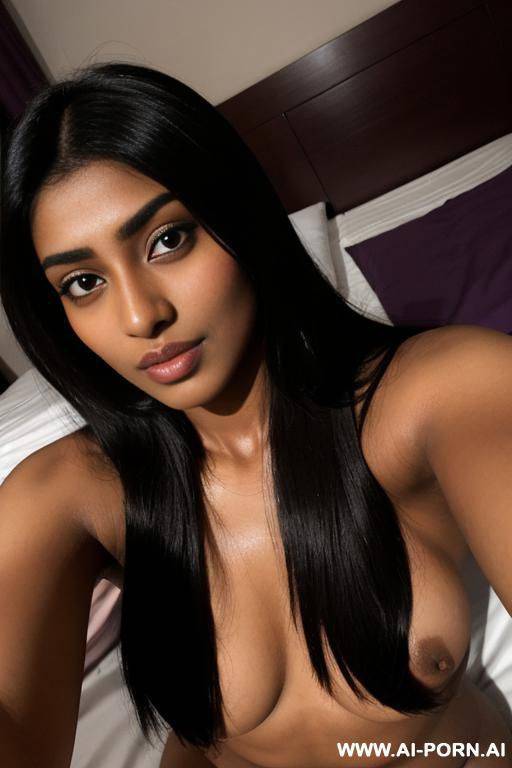 (close up) (selfie) (gorgeous dark skin pakistani woman) (laying on bed) - #main