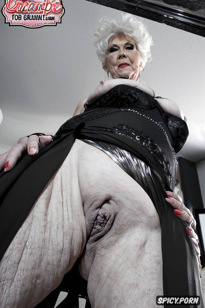 view from below, huge fake bimbo tits, very horny ninety something white hair dominate pose - #main