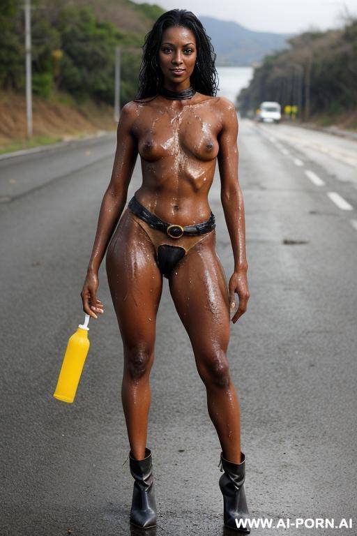hardworking brown skin ebony woman. covered in oil and watery skin. horrible clothes, tattered clothes. flesh and soft thighs. exposed thighs. skirt starts from chest. higher waist closer to chest. - #main