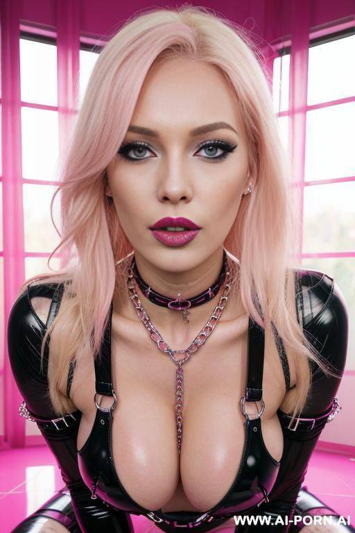 german submissive, blonde hair, bright pink lips, ahegao face, huge fake tits, tattoos, pink latex, choker, chains, bound, kneeling, ready for sex, stretched tight outfit, evening light, closeup on face - #main