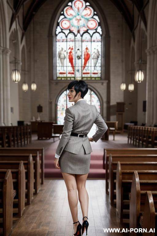 _photo realistic, light grey tweed coat and skirt, white skin, perfect teardrop massive boobs, red lipstick, bracelets, necklace, earrings, show boobs - #main