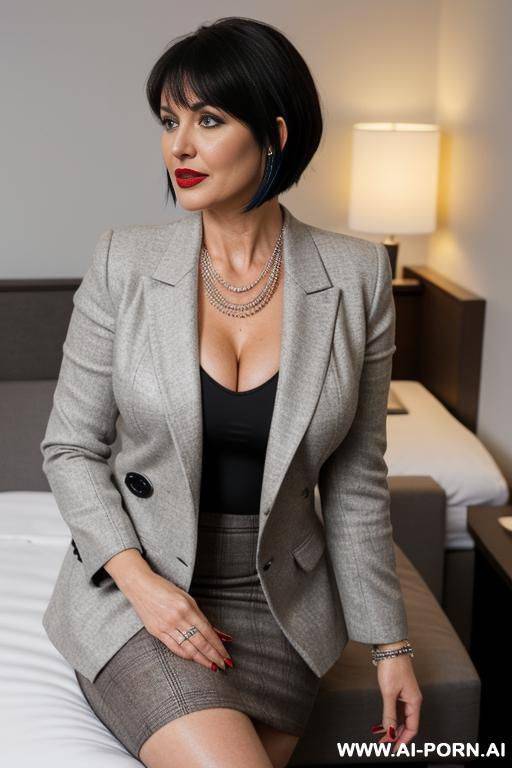 _photo realistic, light grey tweed coat and skirt, very white skin, perfect teardrop boobs,, hotel room, red lipstick, bracelets, necklace, earrings, show boobs - #main