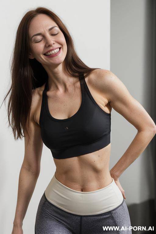 natural white woman. extra long hair, excited loud laugh, ((looking up)), ((very big distant eyes with eyebags)), ((extra wide mouth, wide smile)), ((((naughty grin with closed eyes)))), ((short - #main