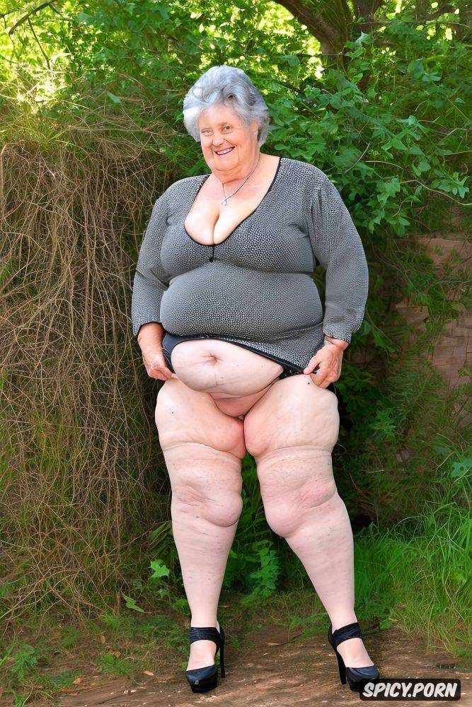 elderly, granny, 125 yo black, no clothes cellulite ssbbw obese body belly clear high heels - #main