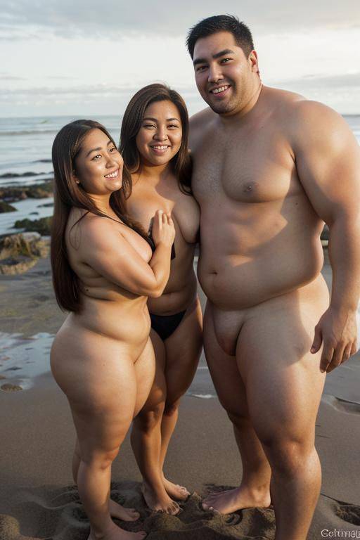 one chubby filipina woman and two very tall men hugging, she has a fat round face, he is much taller than her, single woman and two men, two men and one woman, man looking at woman, - #main