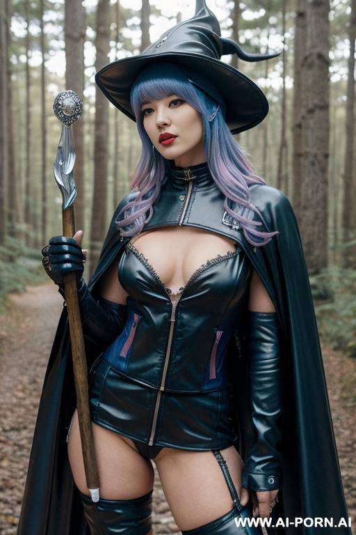 (wizard hat) (cape) (nude) (stockings) (holding staff) (cast spell) - #main