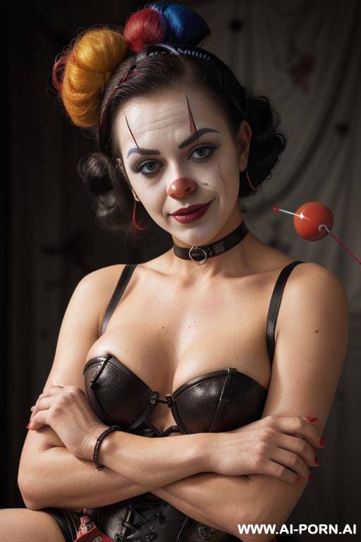 _clown, goth skin, red lips, ((topless, open boobs, show nipples)), front view extreme close up, flower garden - #main