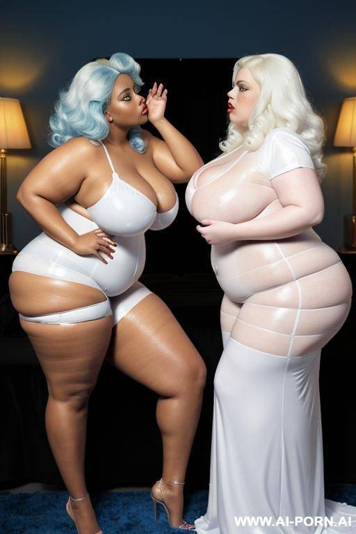 a white obese fat woman with gigantic huge boobs, ginger hair in blue latex ball nightgown kissing a ebony obese fat woman with gigantic huge boobs, white hair in white latex nightgown - #main