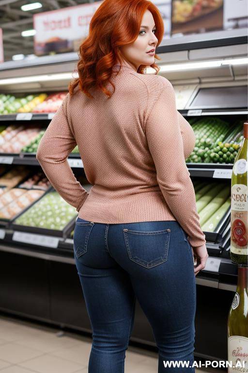 back view, chubby redhead woman, fully body, standing, large, expressive eyes, well made up, wearing dark jeans, long sleeve wine blouse, sweater, shopping at the supermarket - #main