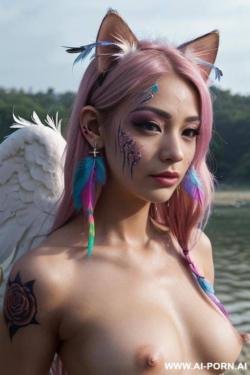 face, sexy, beautiful, ((face painting)), ((topless)), ((tattoo roses)), ((eyes shw)), ((angel wings)), ((rainbow hair)), ((long bu hair)), ((wind)), (( cat face)), (( cat ears)), (((feather earrings)), - #main