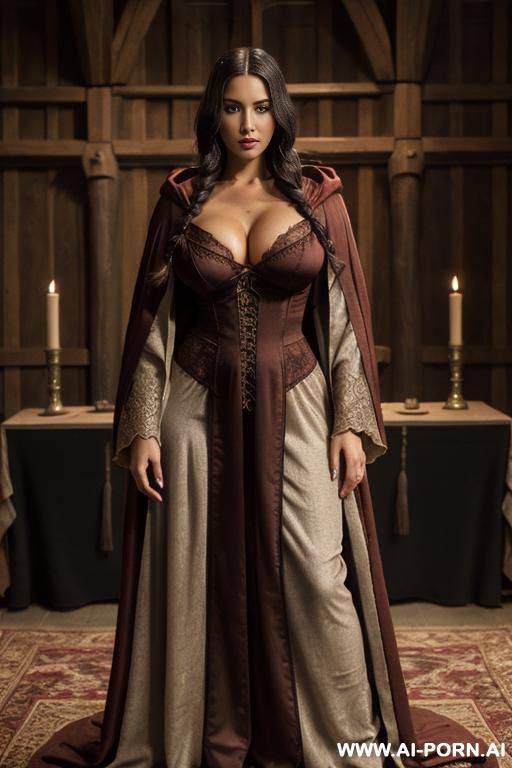 (((intricate medieval gown))), (wizard robes), long sleeves, (full skirt), ((fully clothed)), gigantic breasts, (((viewed from head to thighs))), - #main